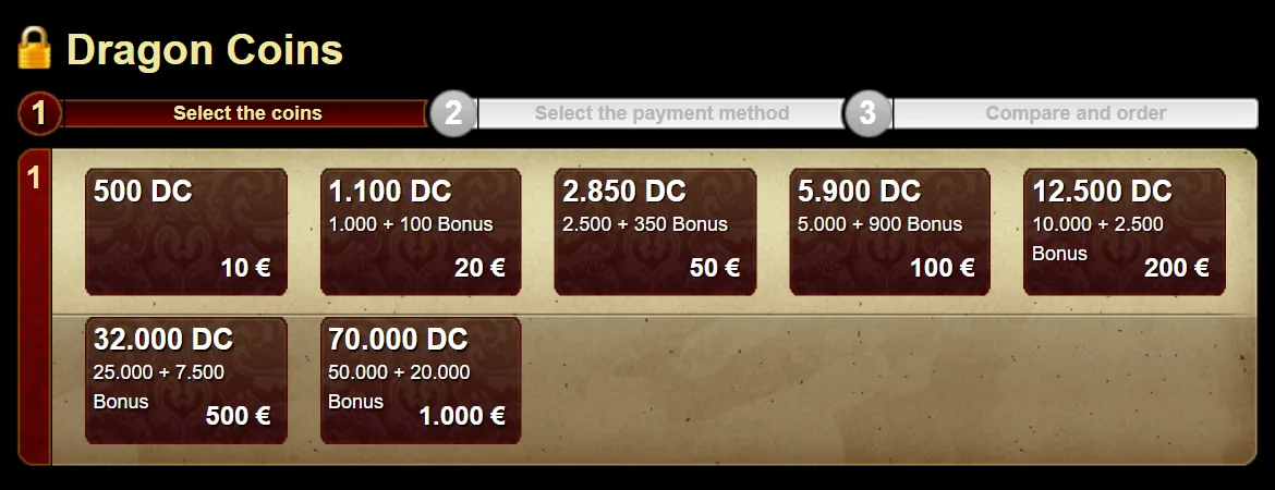 Buying Dragon Coins: seven packages, from 500 DC for 10 euros to 70,000 DC for 1,000 euros, step one of three