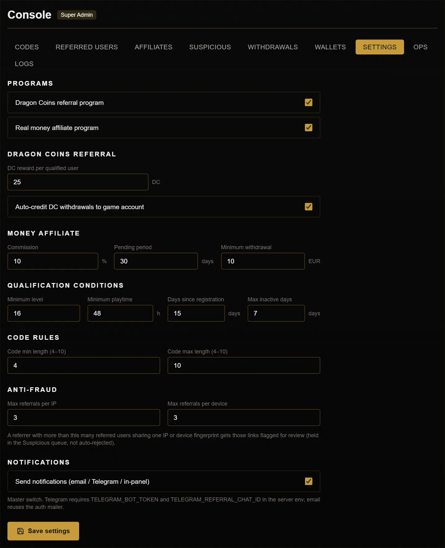 Referral settings in the admin console: rewards, the affiliate commission, qualification conditions and anti-fraud limits