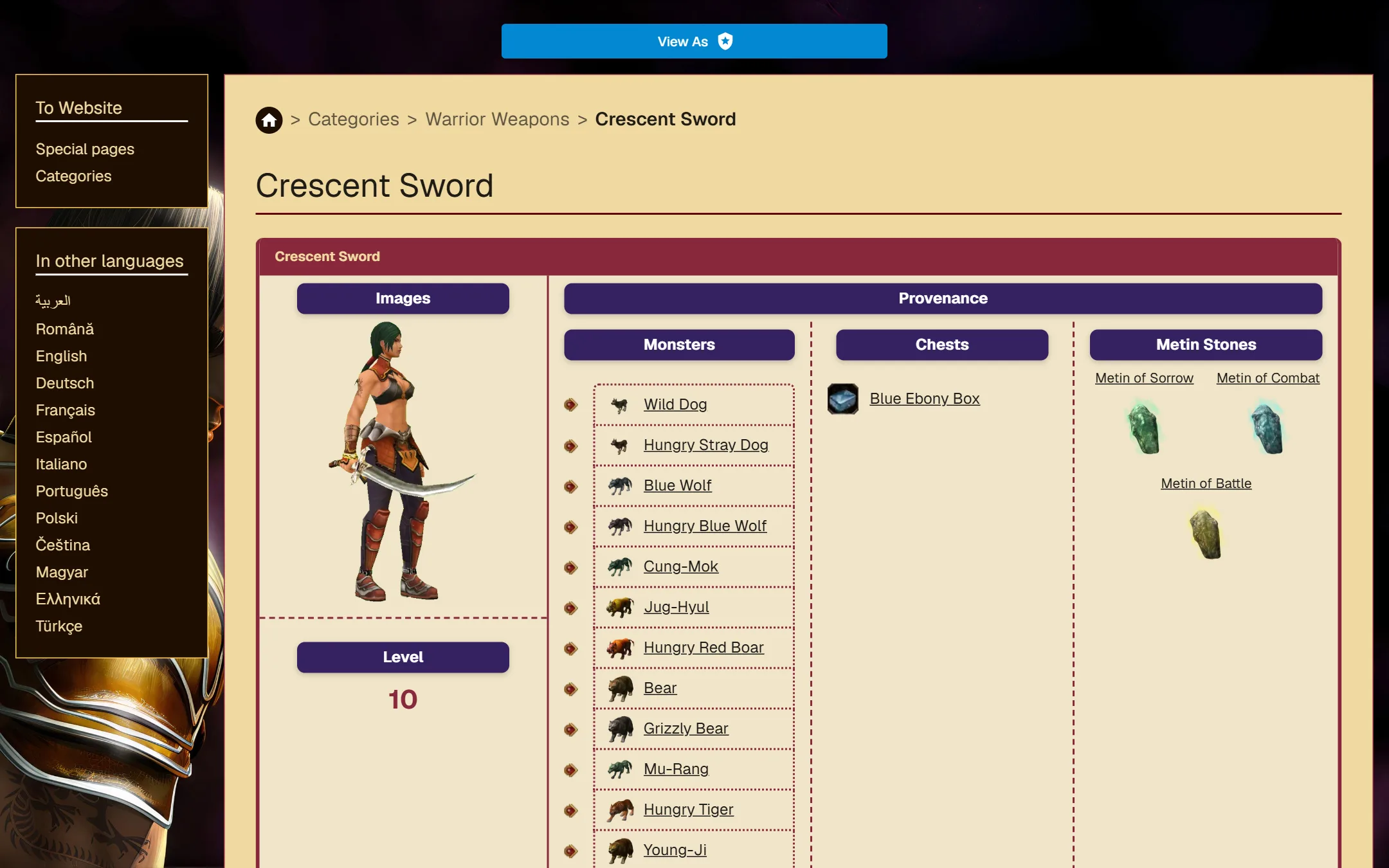 The Crescent Sword page: the character holding it, its level, and the monsters, chests and Metin stones that drop it