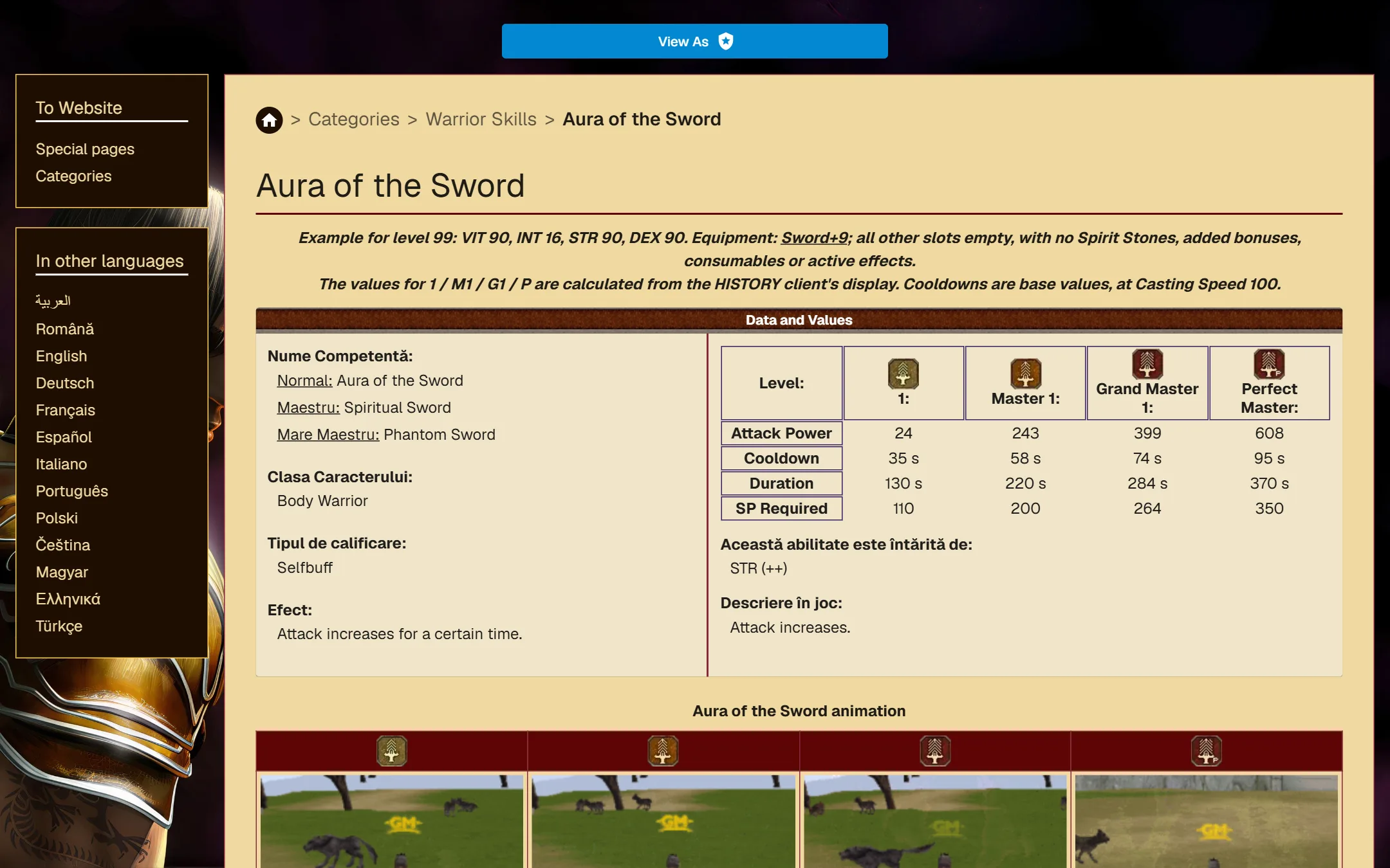 The Aura of the Sword skill: its values at each mastery level, its effect, and the start of its animation strip