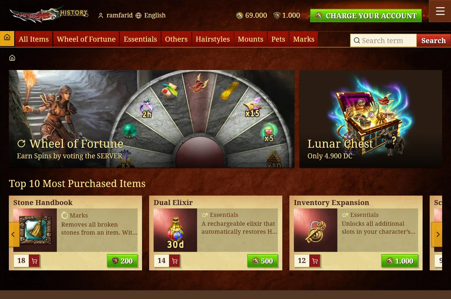 The item shop's home: the Wheel of Fortune and Lunar Chest banners above the ten most purchased items