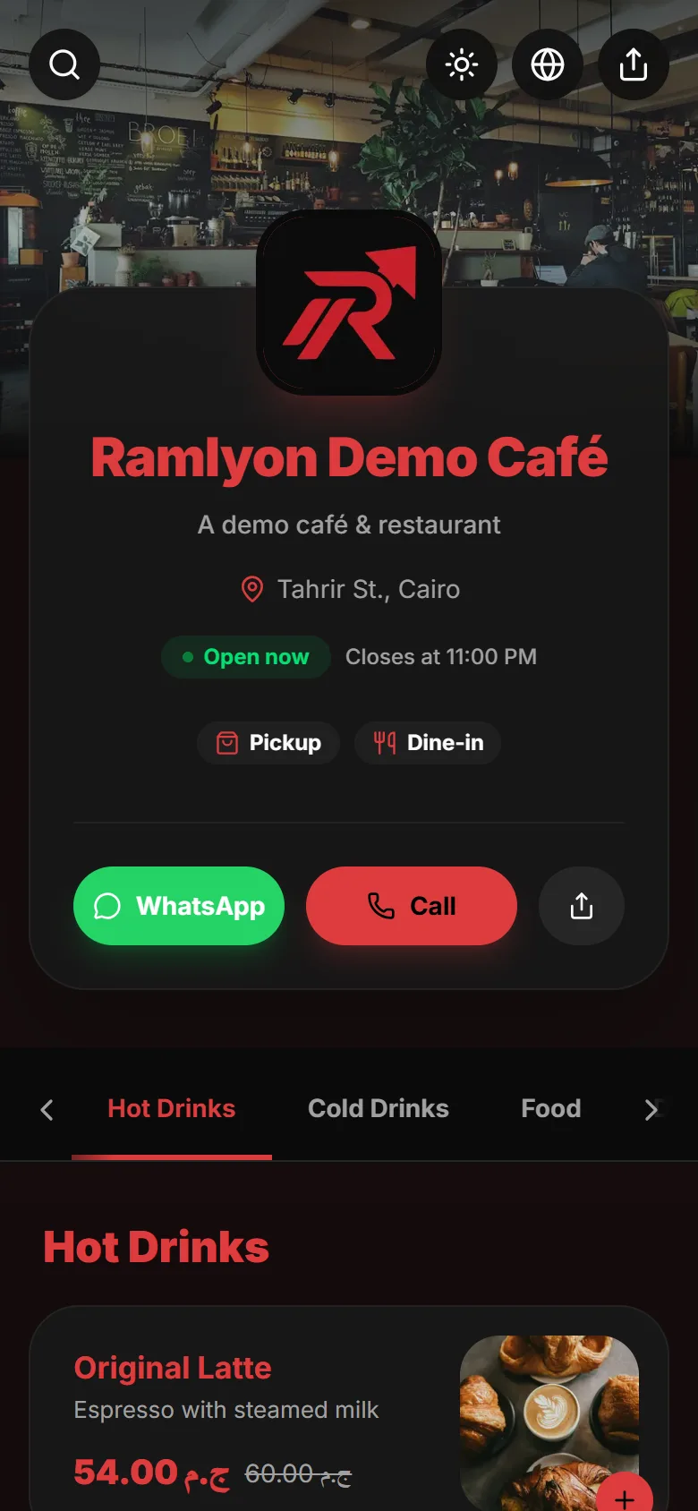The demo café's menu: logo, an "Open now" badge, WhatsApp and Call buttons, and the Hot Drinks list