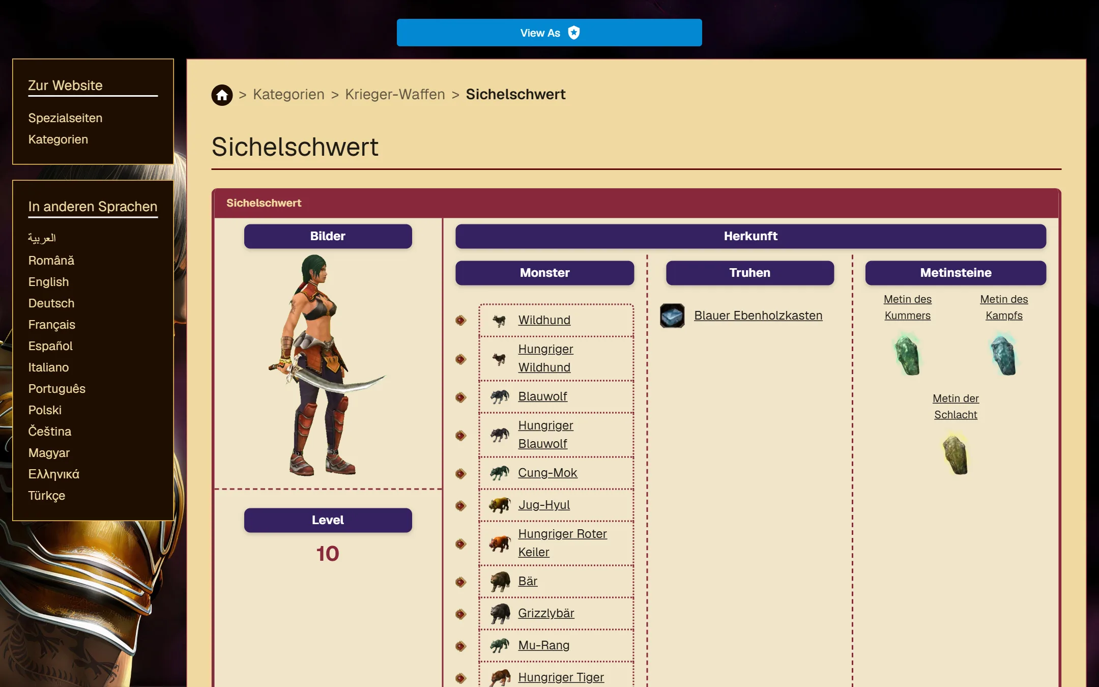 The Crescent Sword page in German, at its German address, Sichelschwert