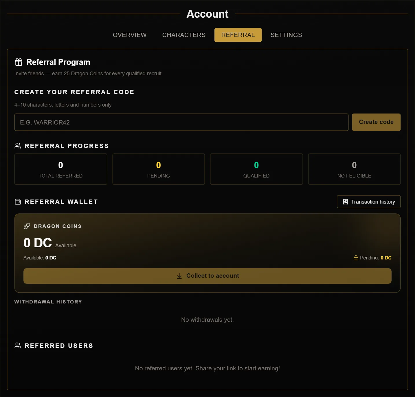 The referral program: create a code, referral progress, the Dragon Coins wallet and the withdrawal history