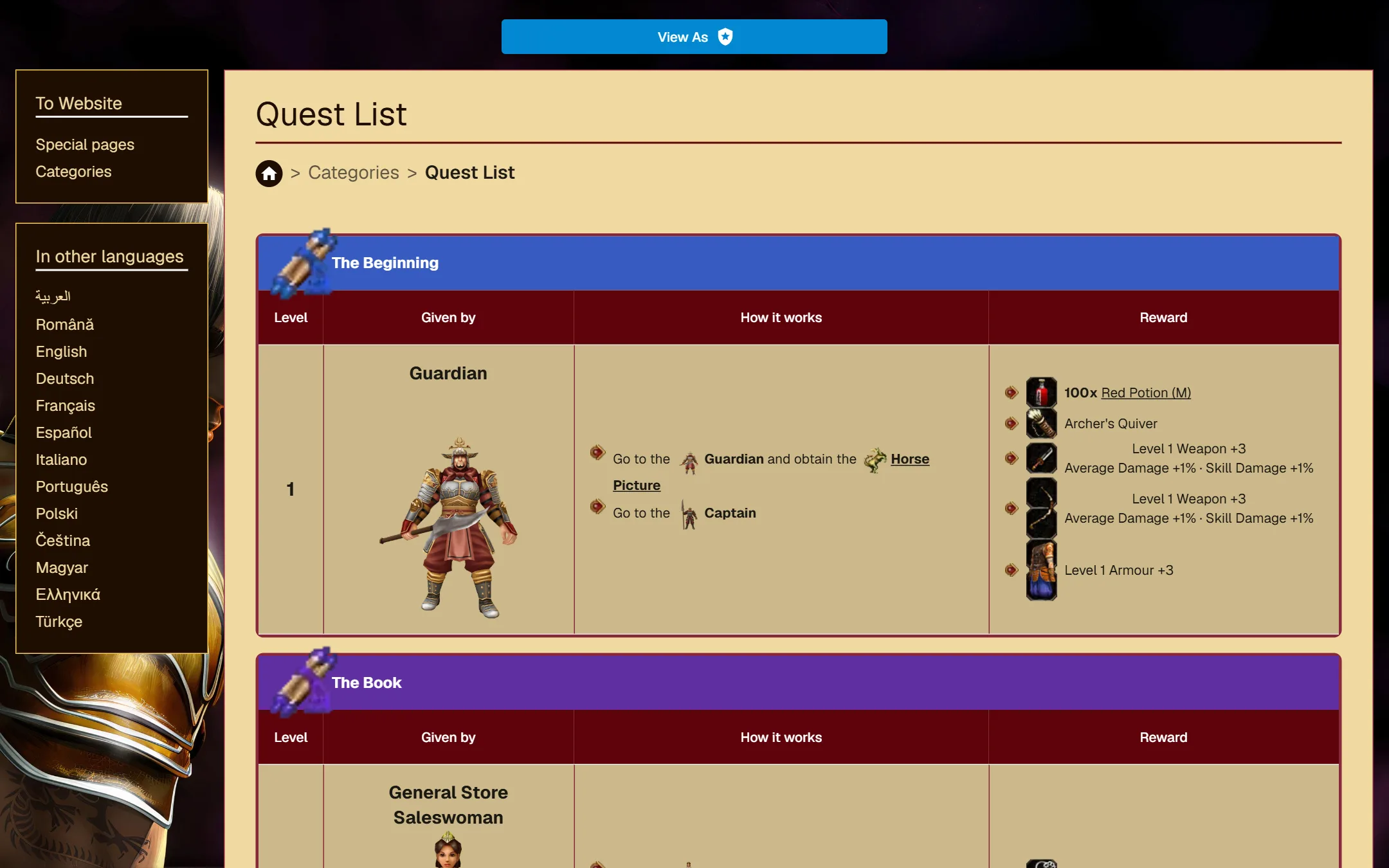 The quest list: each quest's level, the NPC who gives it, the steps, and the rewards with their icons