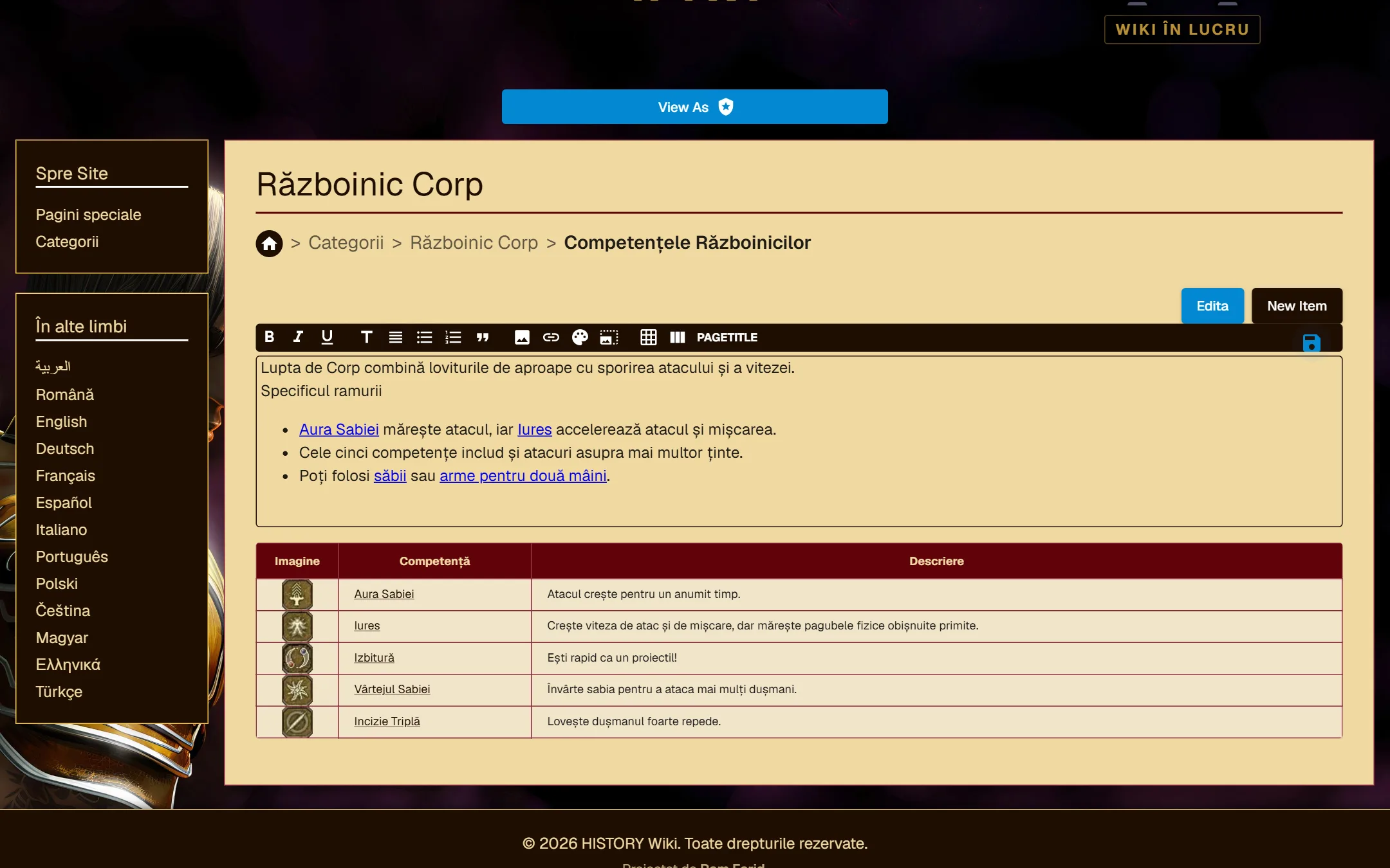 The rich-text editor open on a skill tree's description, with formatting, table, grid, colour and image tools