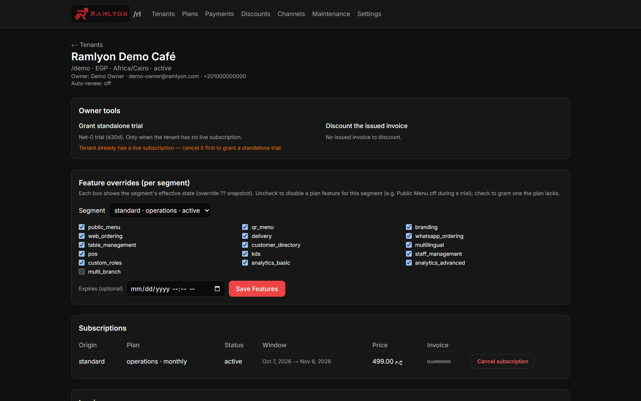 The platform-owner console: a tenant's plan features, subscription and invoices