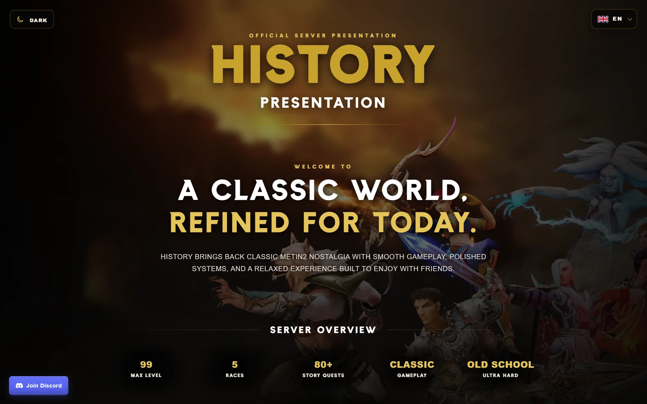 The server presentation's opening: HISTORY, "A classic world, refined for today", and the server overview figures