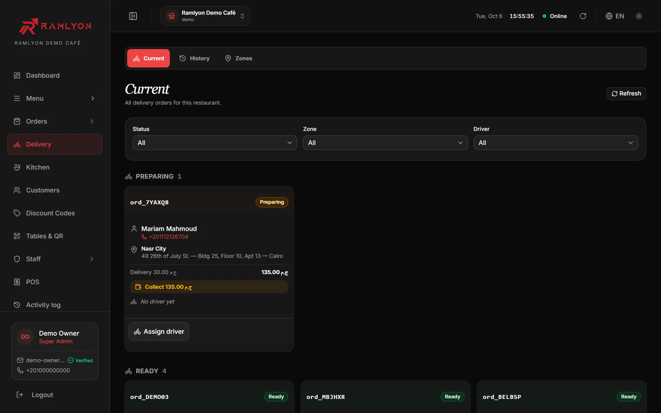 The delivery board: an order with the diner's area and address, the cash to collect and an Assign driver button
