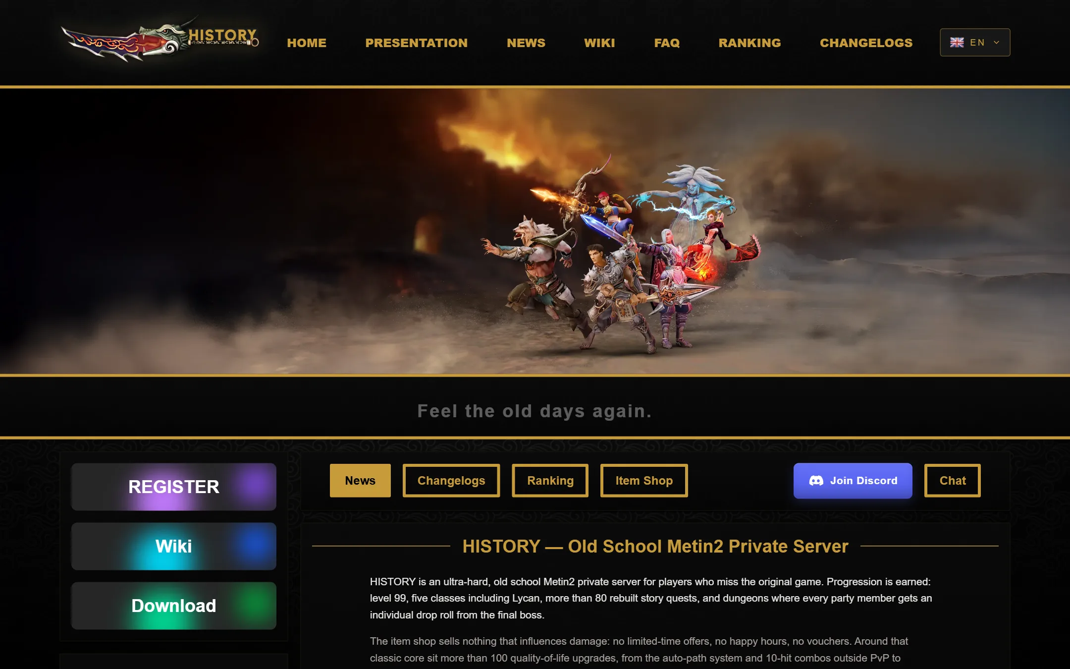 The HISTORY home page: the hero art, register, wiki and download buttons, the login box and the server introduction