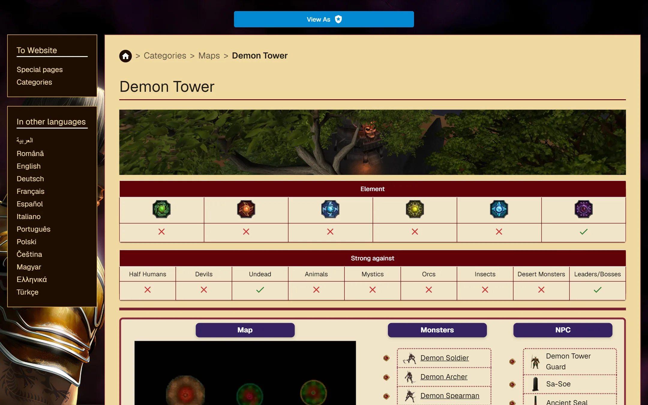 The Demon Tower page: the map banner, its element and the monster types it's strong against, its map, monsters and NPCs