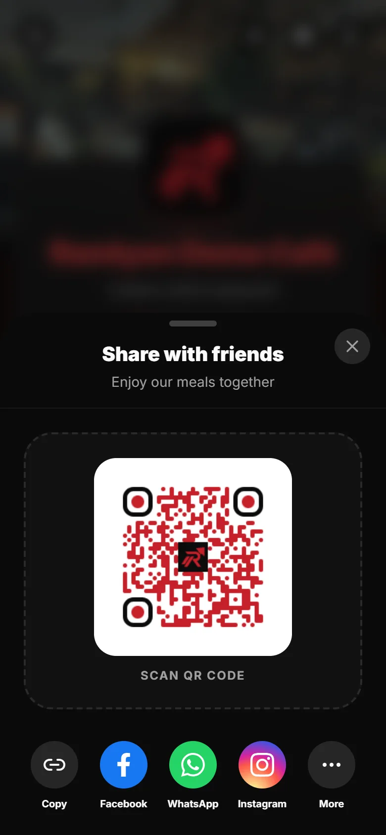 The share sheet: the café's QR code with its logo, and Copy, Facebook, WhatsApp and Instagram buttons