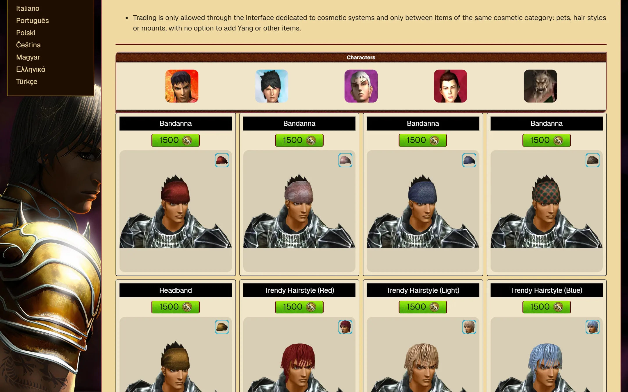 Hairstyles: a class filter with five character portraits above priced hairstyle cards