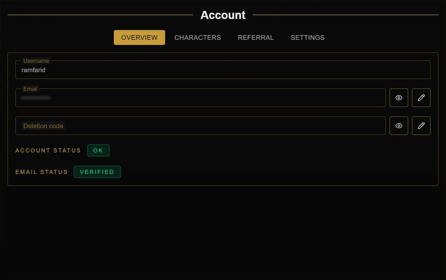 The account page: username, a hidden email and deletion code, account status OK and email verified