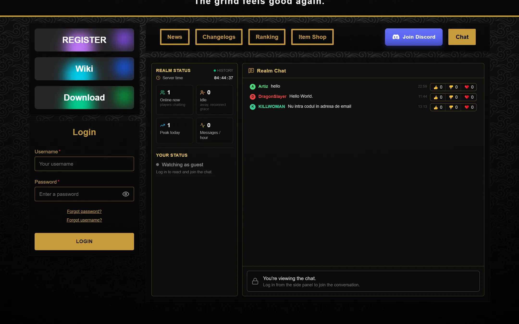 The realm chat: realm status with players online, and the live room with aliases, messages and reactions