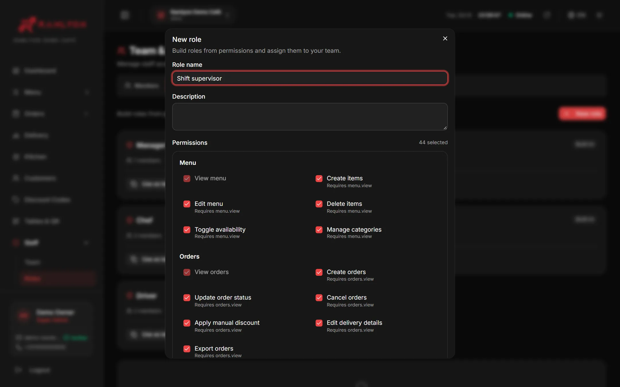 The role editor: a new Shift supervisor role built from the Manager template, with menu and order permissions ticked