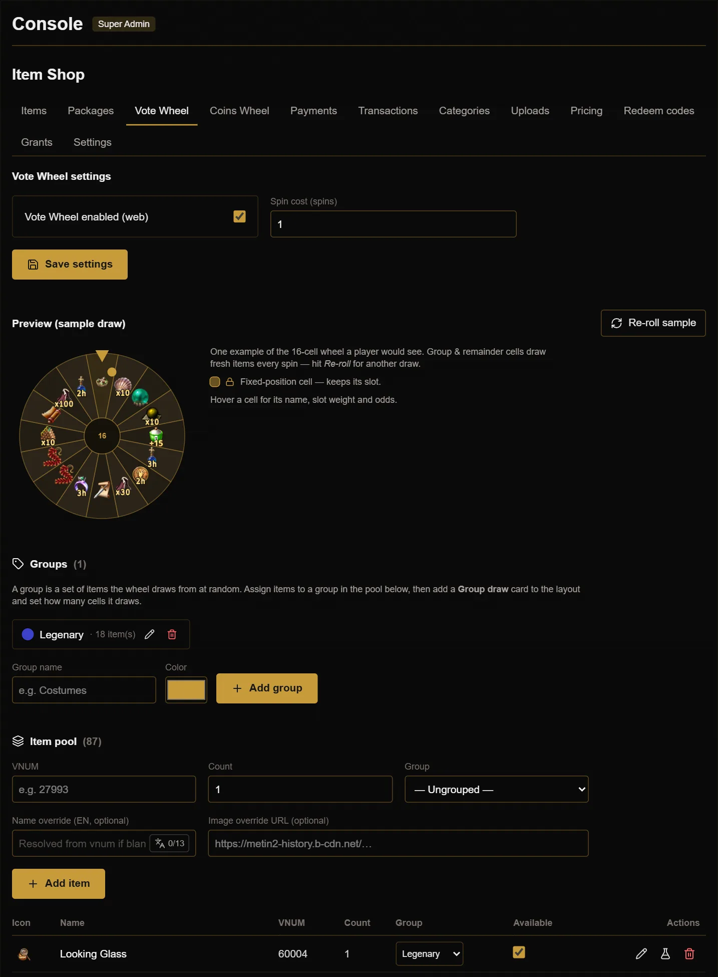 The Vote Wheel editor: a live preview of the wheel, item groups and the prize pool